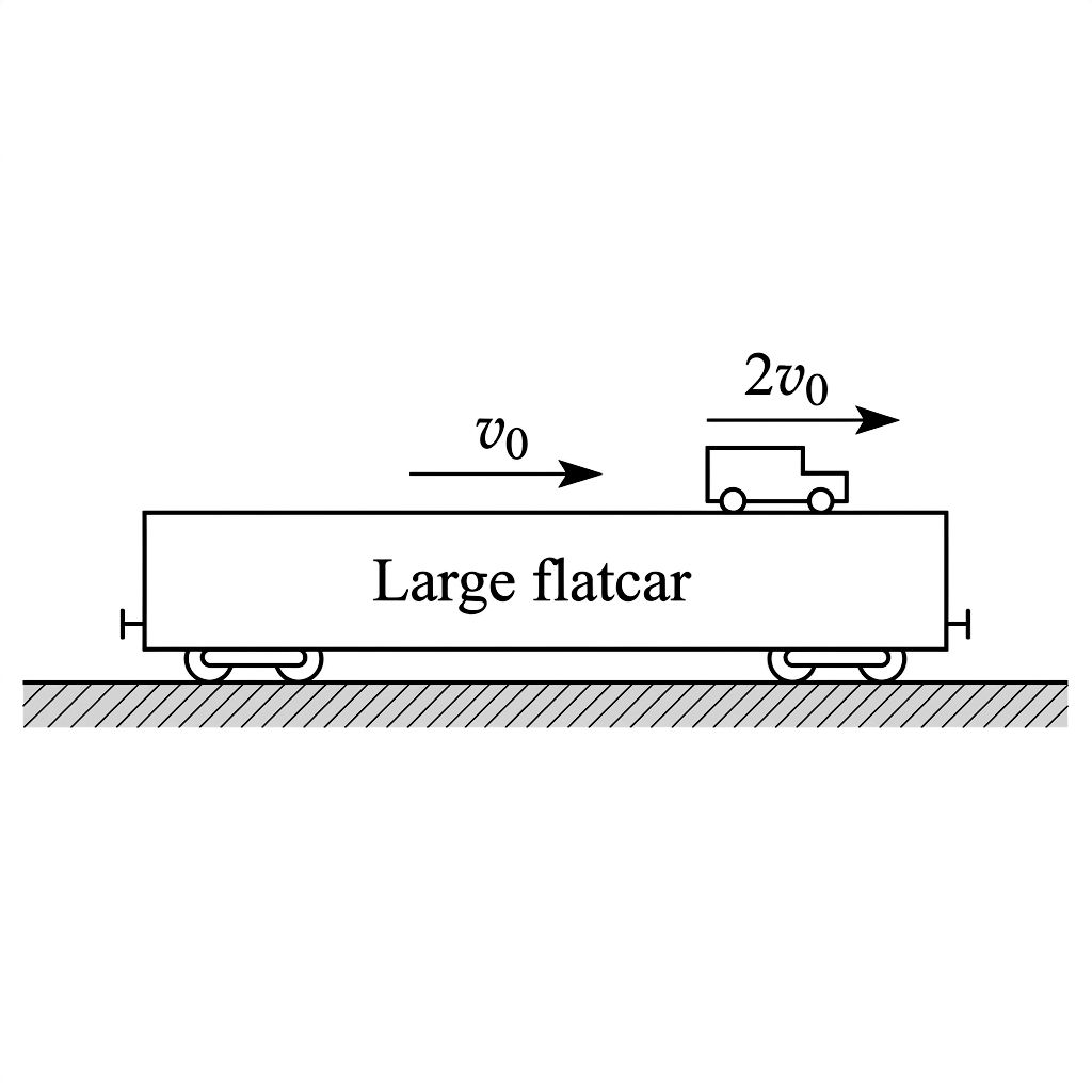 Diagram of a toy car moving at speed 2v_0 on a flatcar that is moving at speed v_0 in the same direction.