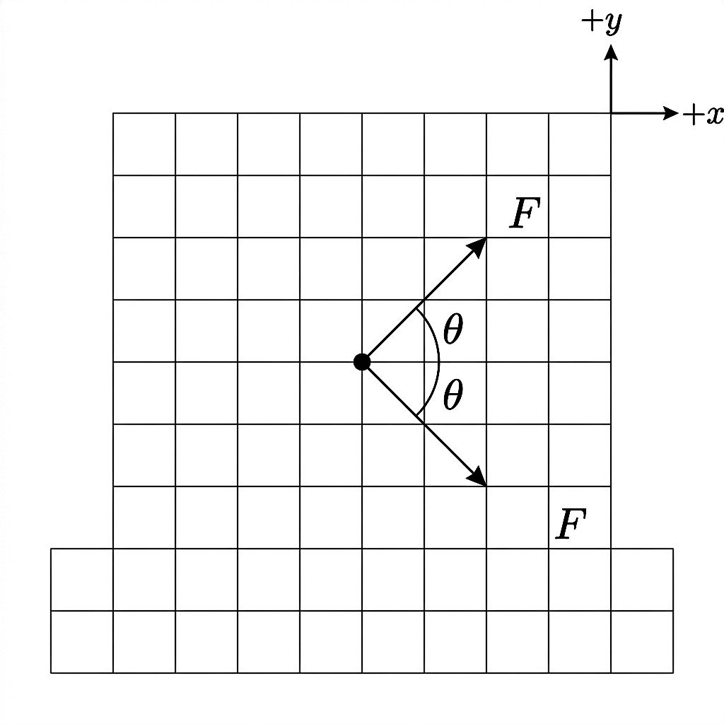 Force diagram showing a block pulled by two equal forces F at symmetric angles theta above and below the x-axis.