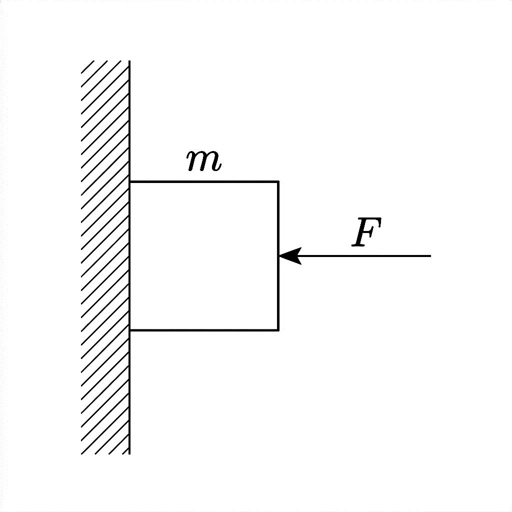 Diagram of a block on a vertical wall with a horizontal force F pushing it against the wall.