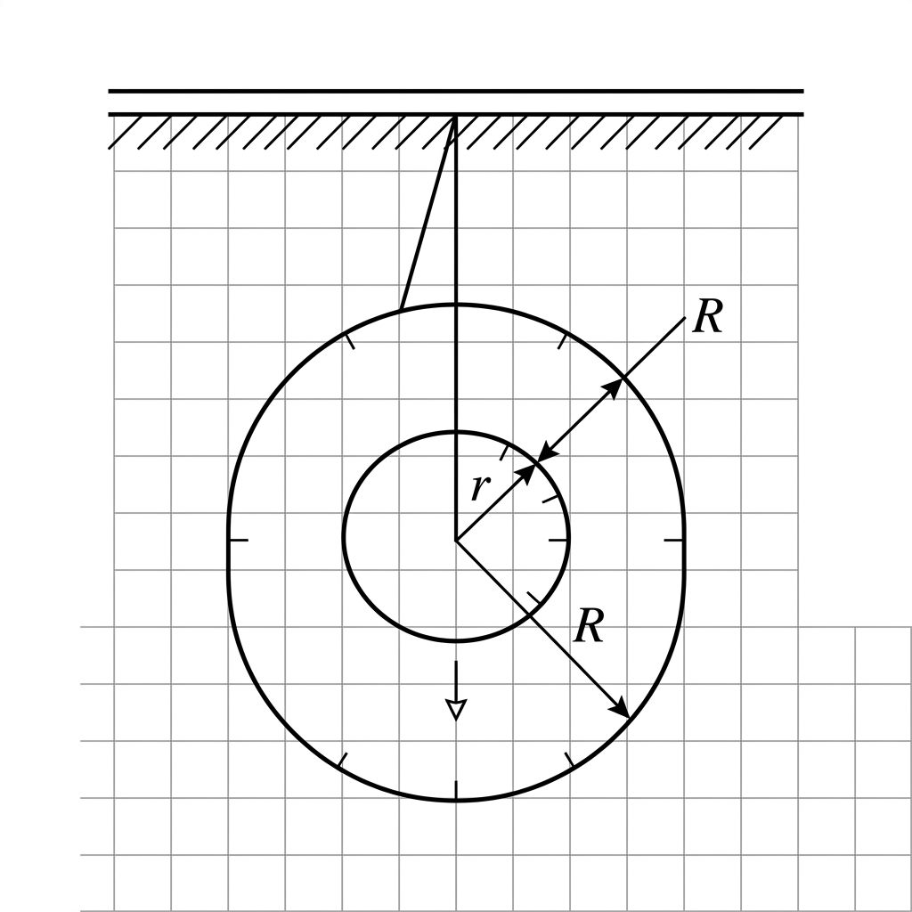 Diagram of a yo-yo falling with a string unwinding from its inner spindle of radius r.