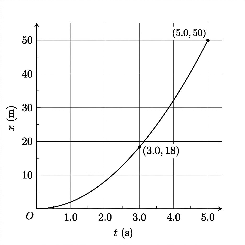 Position-time graph showing a parabola passing through the origin, (3.0 s, 18 m), and (5.0 s, 50 m).
