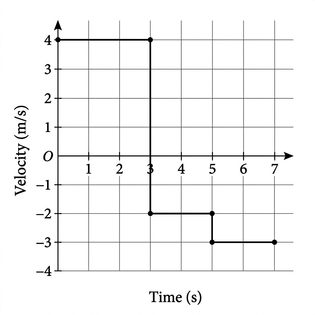 Velocity-time graph showing constant velocity of 4 m/s for 3 seconds, -2 m/s for 2 seconds, and -3 m/s for 2 seconds.