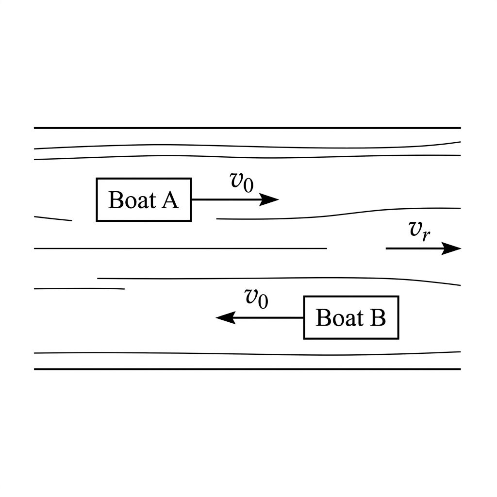 Diagram showing a river flowing right at v_r, Boat A moving right at v_0 relative to water, and Boat B moving left at v_0 relative to water.