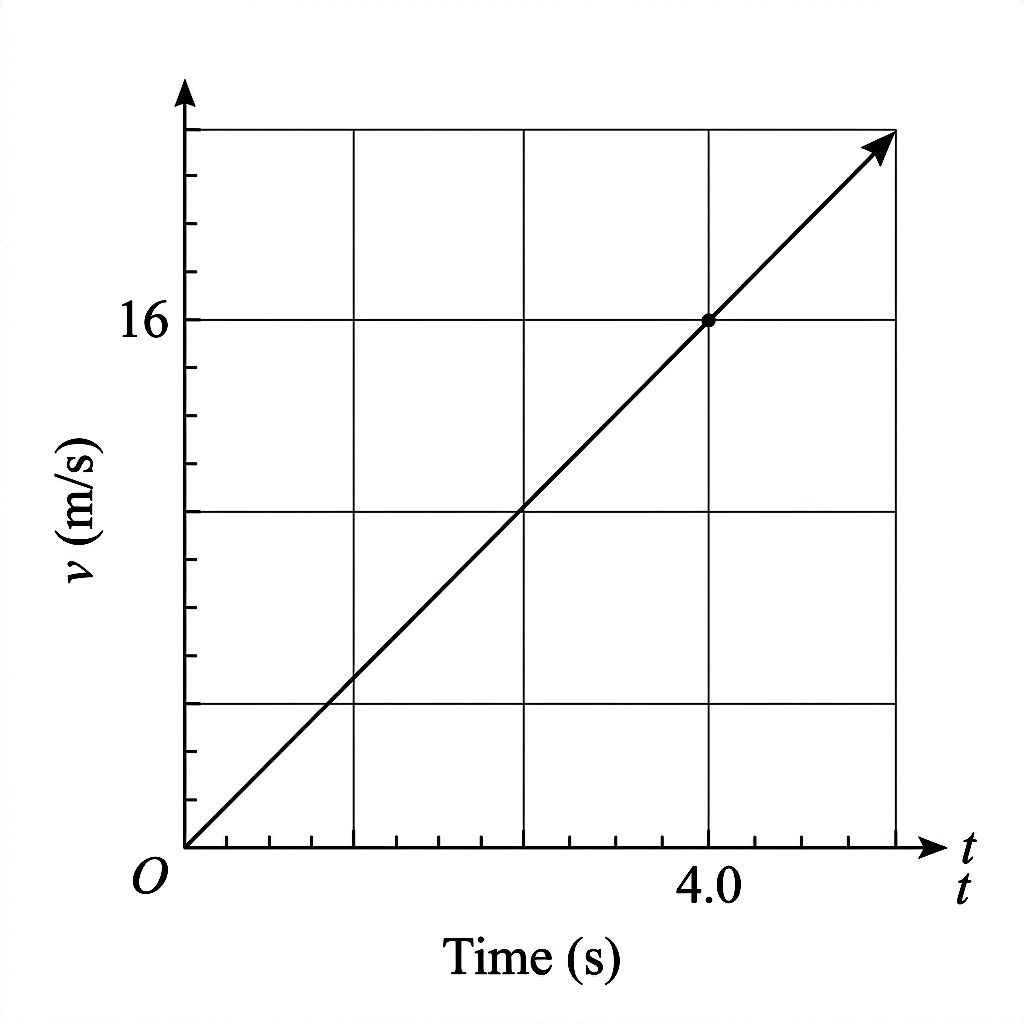 Velocity versus time graph showing a straight line from the origin to 16 m/s at 4.0 s.