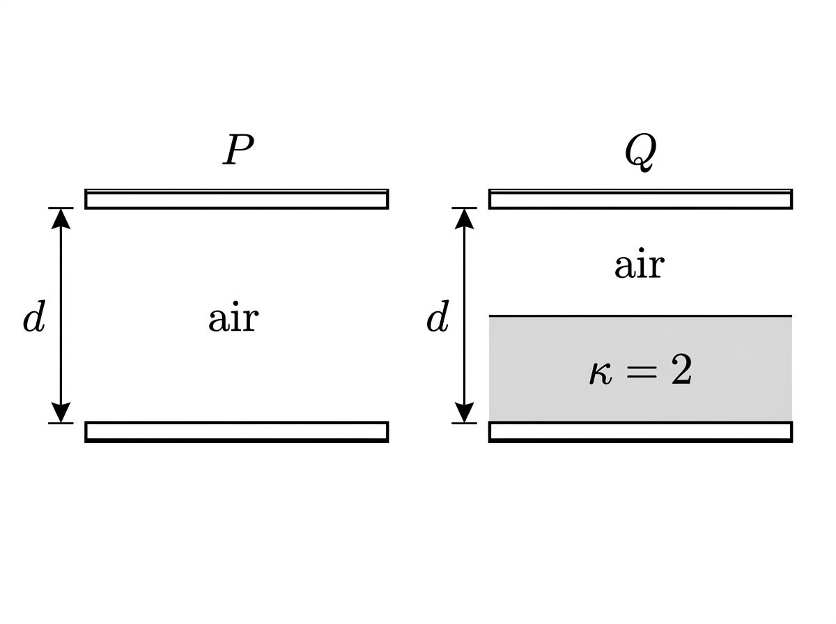 Two parallel-plate capacitors side by side. Capacitor P has an air gap of width d. Capacitor Q has the same plate separation d but the lower half of the gap is filled with a dielectric slab labeled kappa equals 2, and the upper half remains air.