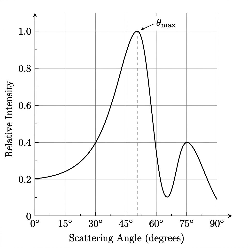 Graph of relative scattered electron intensity versus scattering angle showing a primary maximum near 50 degrees and a secondary maximum near 75 degrees, consistent with electron diffraction from a crystal lattice.