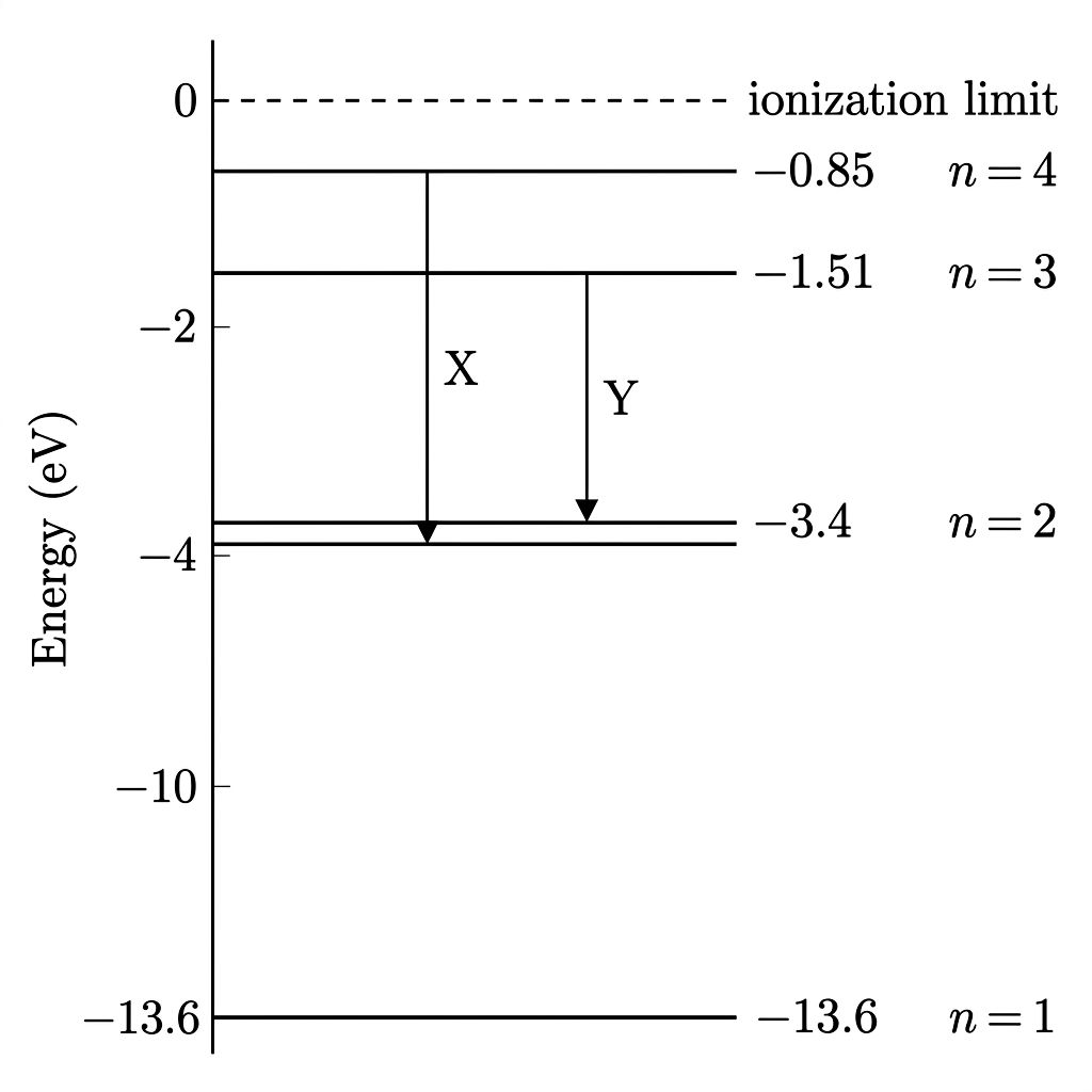 Hydrogen energy level diagram showing downward transition X from n=4 to n=2 and transition Y from n=3 to n=2.