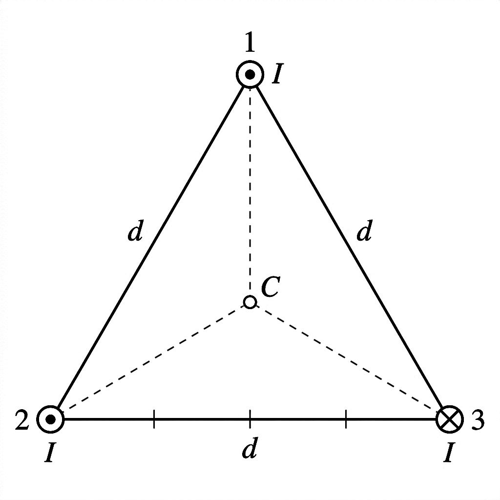 Three current-carrying wires at the corners of an equilateral triangle: Wire 1 (top, out of page), Wire 2 (bottom-left, out of page), Wire 3 (bottom-right, into page), with centroid C marked.