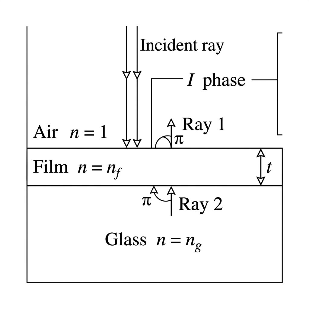 Cross-section diagram of air, thin film of index n_f, and glass of index n_g, showing two reflected rays at each interface with phase-shift indicators and film thickness t labeled.