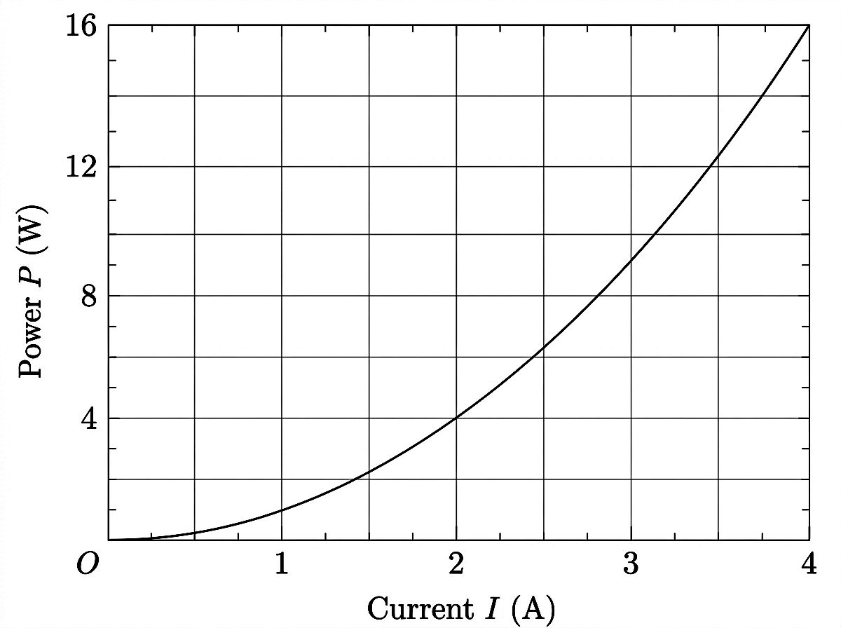 Graph of power P in watts versus current I in amperes showing a parabolic curve starting at the origin and curving upward, consistent with P equals I squared times R.