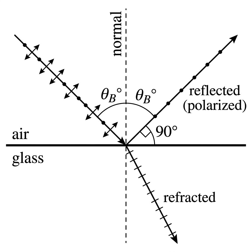 Ray diagram showing unpolarized light striking a glass surface at Brewster's angle, with a completely polarized reflected ray and a refracted ray into the glass.
