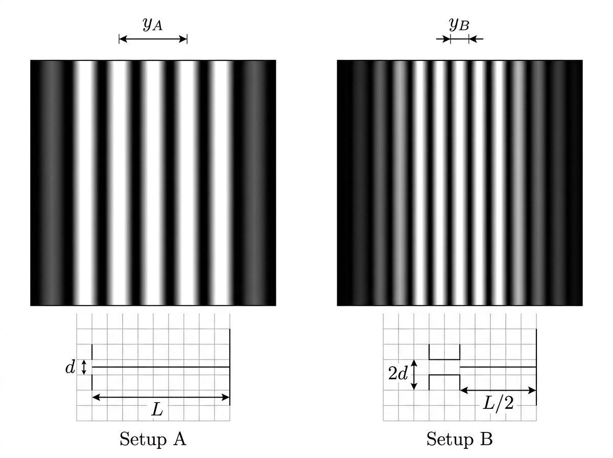 Two interference patterns side by side: Setup A with widely spaced fringes and slit separation d at distance L, and Setup B with more closely spaced fringes and slit separation 2d at distance L/2.