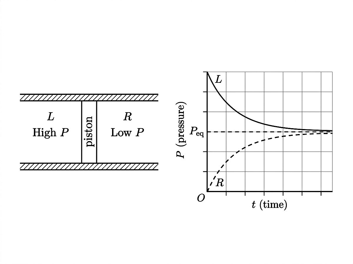 Left: insulated cylinder with piston separating high-pressure Chamber L from low-pressure Chamber R. Right: pressure vs. time graph showing Chamber L pressure decreasing and Chamber R pressure increasing until both reach equilibrium pressure P_eq.