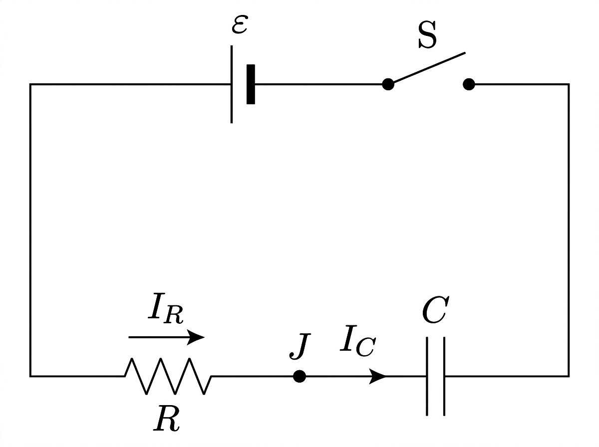 Series RC circuit with battery epsilon, switch S, resistor R, and capacitor C connected in a single loop. Junction J is labeled at the node between R and C, with current arrows I_R and I_C indicated.