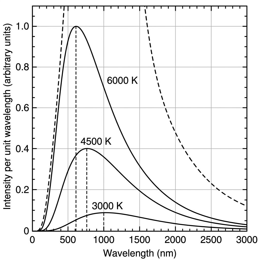 Blackbody spectrum graph showing intensity per unit wavelength versus wavelength for objects at 3000 K, 4500 K, and 6000 K, with an additional dashed curve showing the diverging classical prediction for 6000 K that fails at short wavelengths.