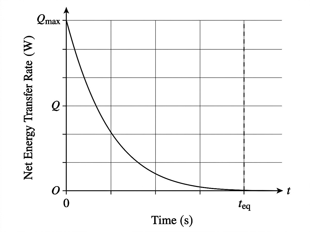 Graph of net energy transfer rate versus time showing a curve that starts at a maximum value and decreases smoothly to zero at the time of thermal equilibrium, indicated by a vertical dashed line.
