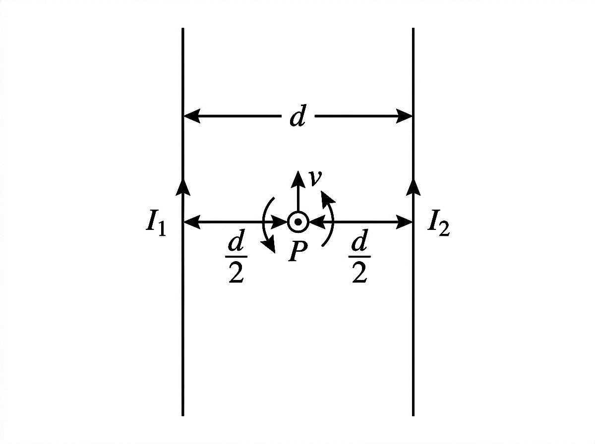 Diagram of two parallel wires carrying currents I1 and I2 in the same direction, separated by distance d, with a charged particle at the midpoint P moving with velocity v out of the page, experiencing opposing magnetic fields from each wire.