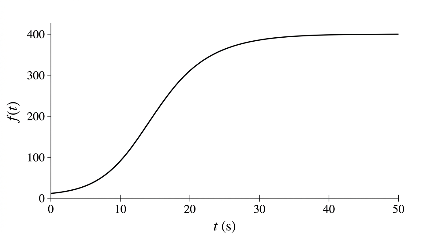 A graph of a rational function starting at the origin (0,0) and increasing, leveling off to approach a horizontal asymptote at y = 400 as x increases.