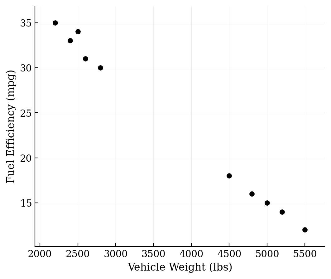 Scatterplot of Vehicle Weight versus Fuel Efficiency showing two distinct clusters of points separated by a large gap in weight.