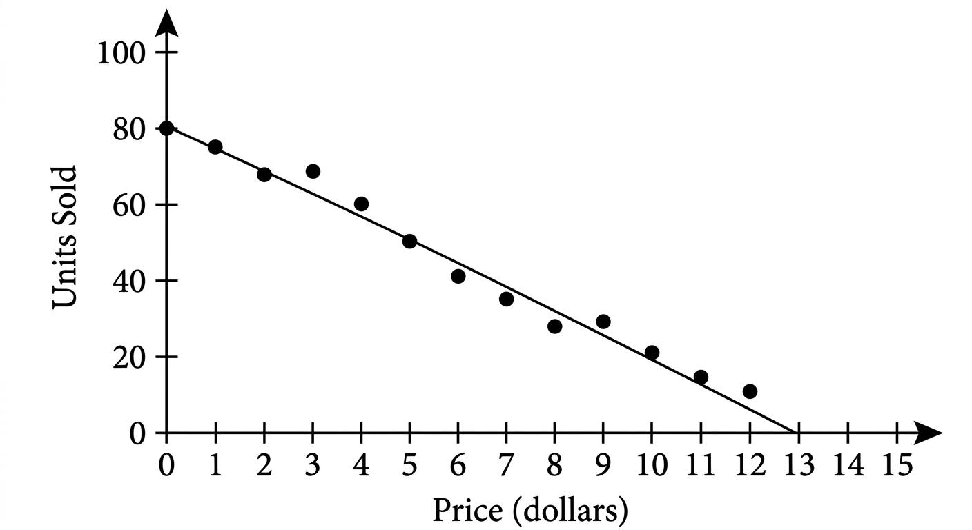 Scatterplot showing a negative linear relationship between price and units sold, with a line of best fit starting at 80 on the y-axis.