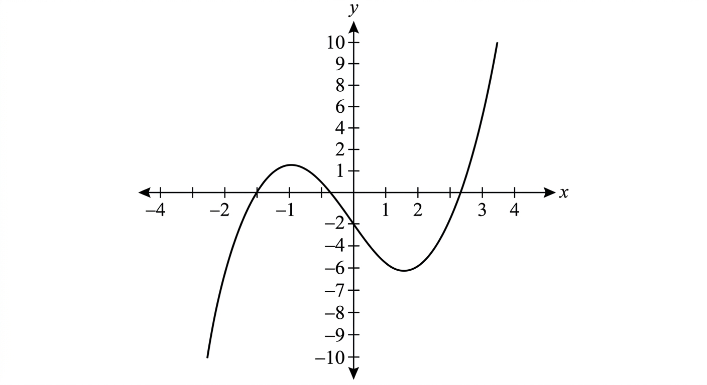 Graph of a cubic polynomial touching the x-axis at x = -1 and crossing at x = 2, with a y-intercept at y = -2