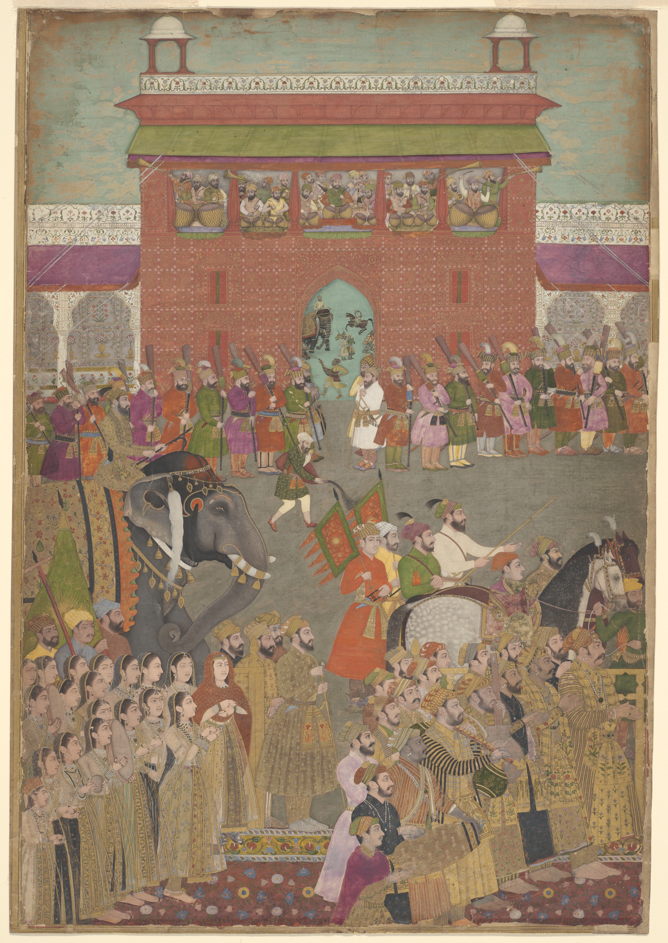 Image of A Procession Scene with Musicians, from a copy of the Padshanama, c. 1650, Art Institute of Chicago, selected as an AP Art History beyond-set mughal_persianate_miniature_architecture candidate
