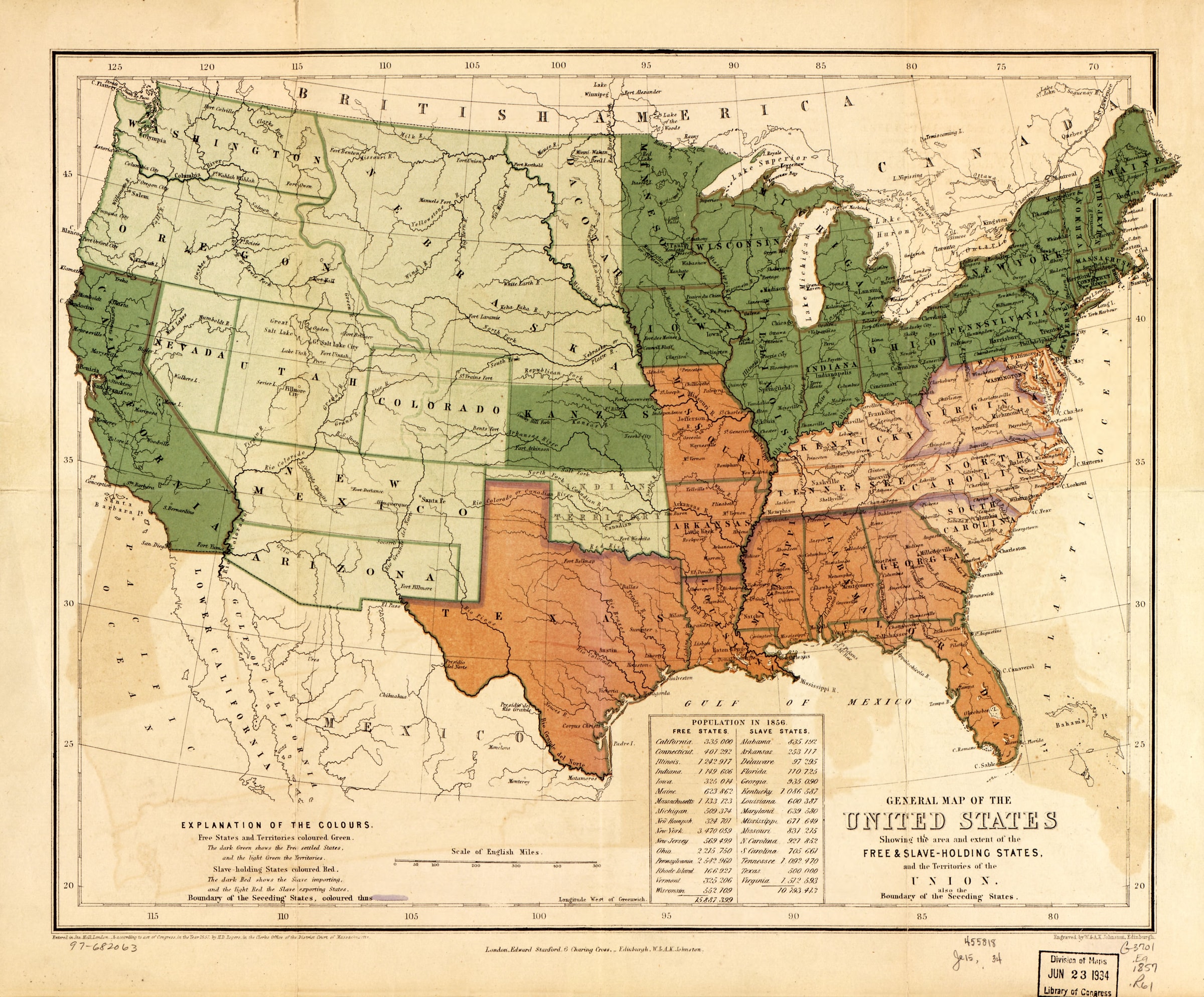 General map of the United States, showing the area and extent of the free & slave-holding states, and the territories of the Union - also the boundary of the seceding states LOC 97682063